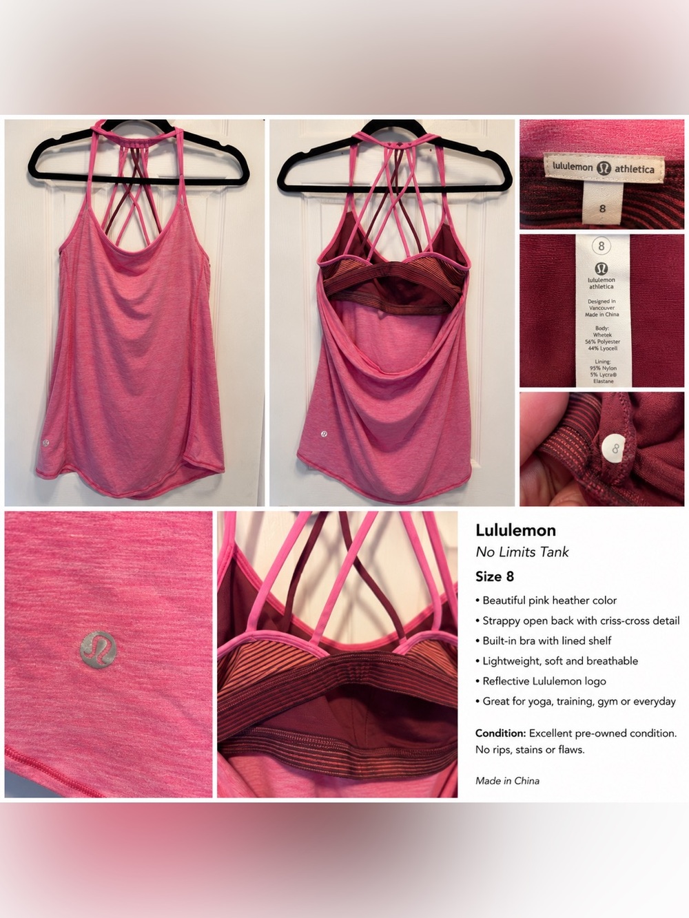 lululemon athletica No Limits Tank - Pink Heather size 8